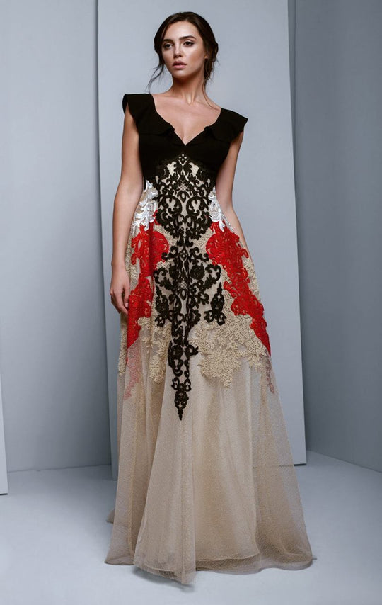 Beside Couture by Gemy - BC1330 V-Neck Embellished A-Line Evening Gown in Gold and Black