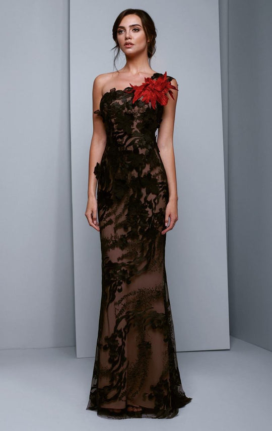 Beside Couture by Gemy - BC1332 Floral Embellished Asymmetrical Gown in Black and Red