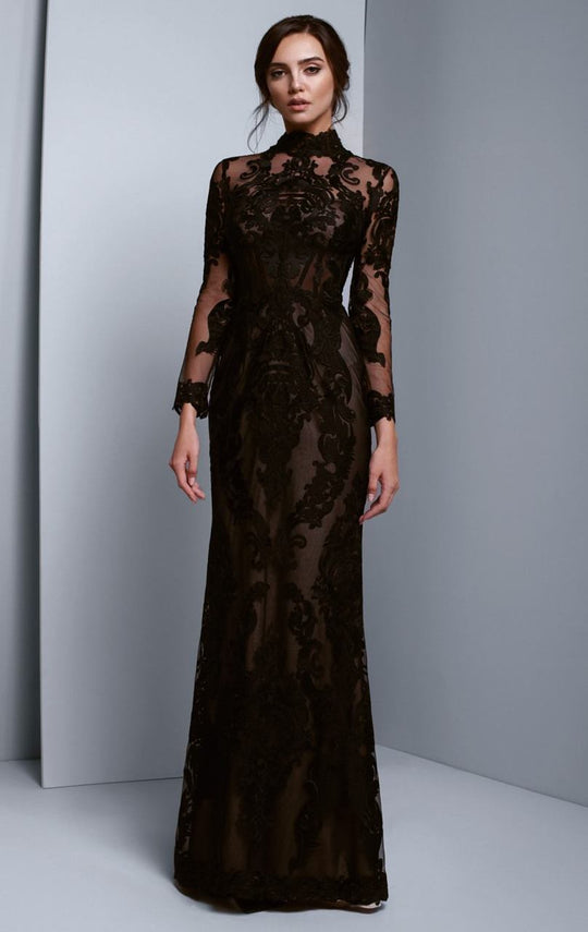 Beside Couture by Gemy - BC1333 Long Lace High Neck Trumpet Dress in Black