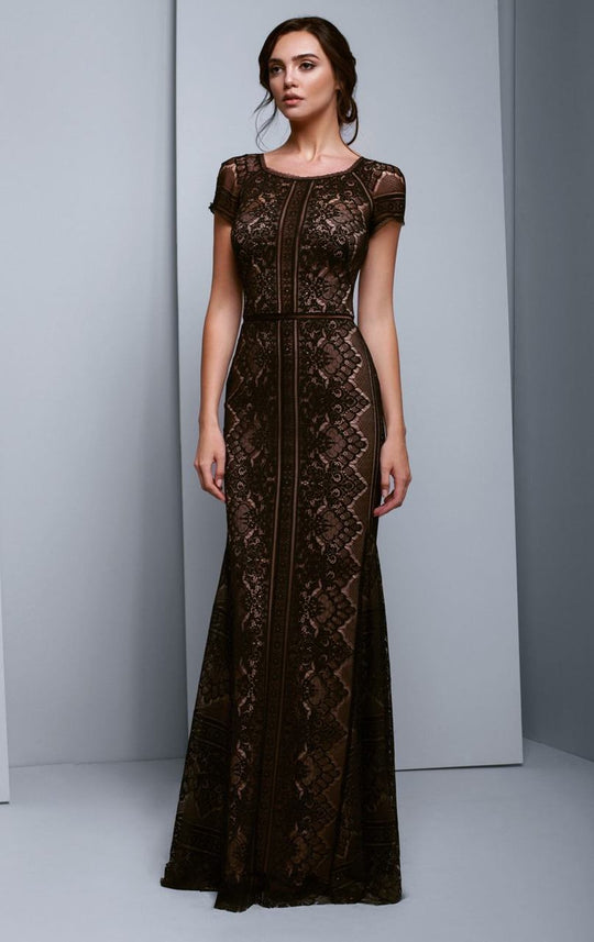 Beside Couture by Gemy - BC1334 Lace Bateau Trumpet Dress With Train in Black