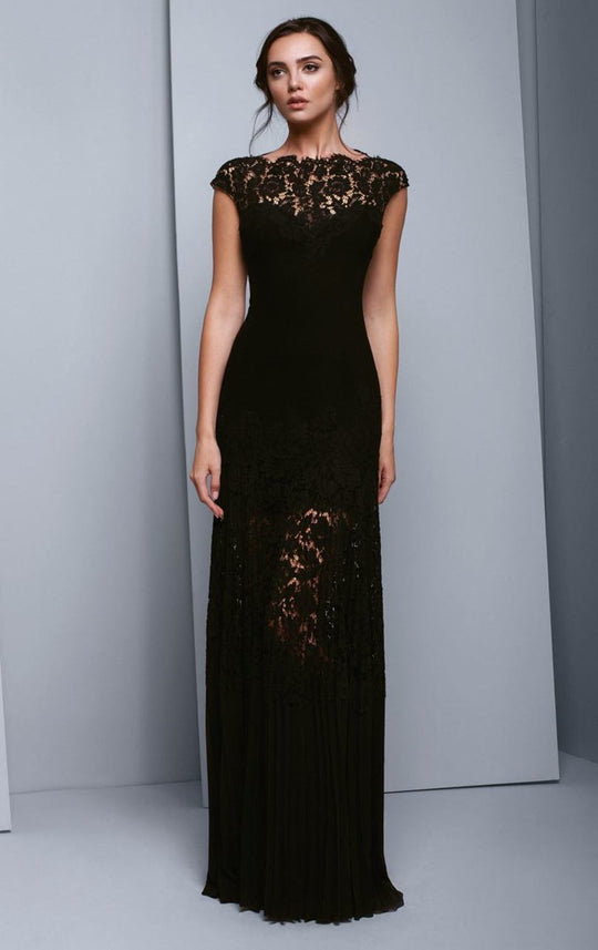 Beside Couture by Gemy - BC1336 Lace Bateau Pleated Sheath Dress in Black