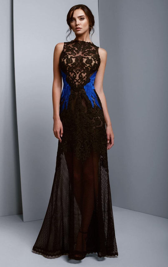 Beside Couture by Gemy - BC1337 Embroidered Lace Fishnet A-line Dress in Black and Blue