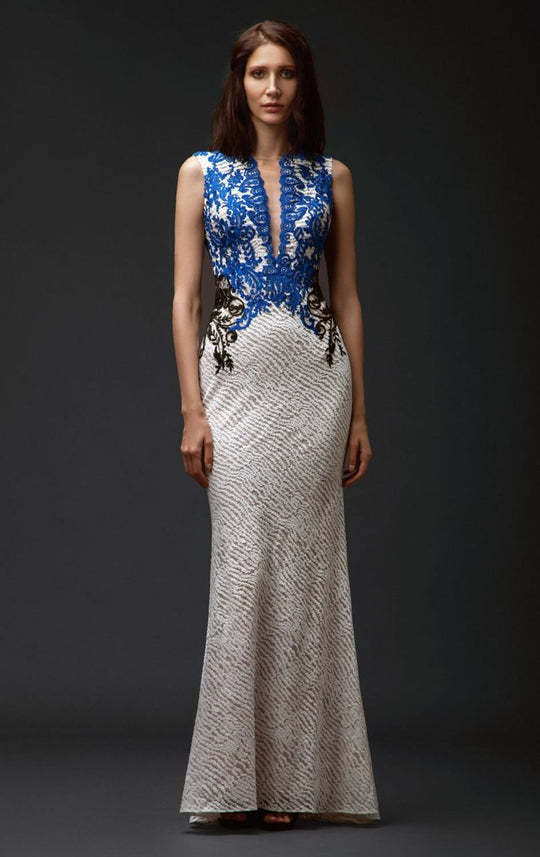 Beside Couture by Gemy - BC1338 Embroidered Lace Sheath Dress in White and Blue