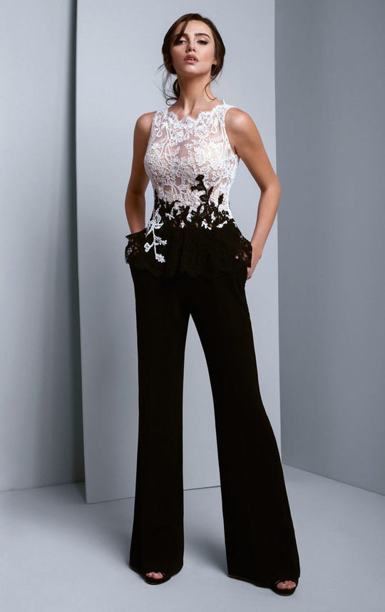 Beside Couture by Gemy - BC1339 Lace Scalloped Jewel Crepe Jumpsuit in White and Black