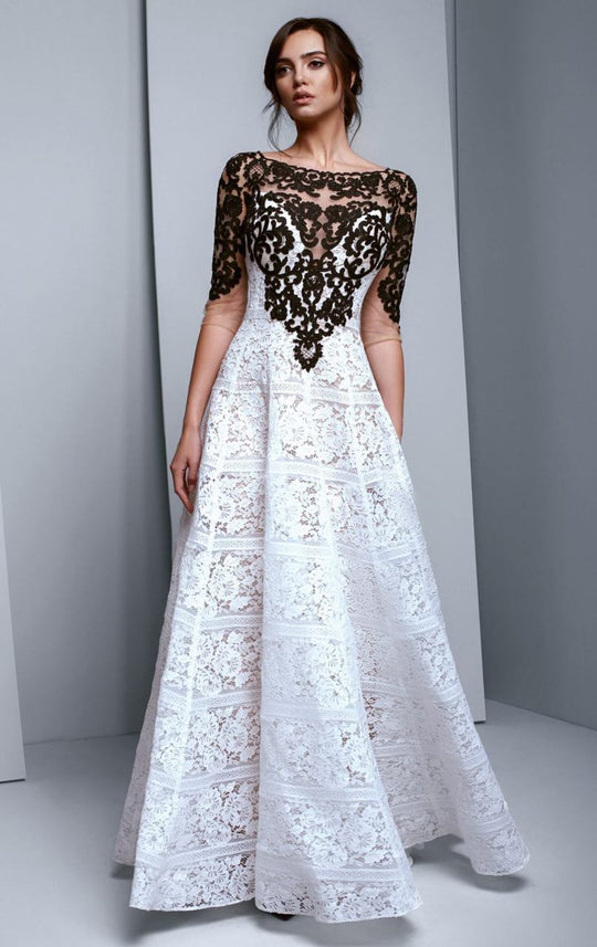 Beside Couture by Gemy - BC1340 Lace Illusion Bateau A-line Dress in White and Black