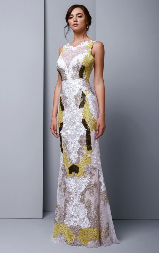 Beside Couture by Gemy - BC1341 Embroidered Lace Bateau Trumpet Dress in White and Green