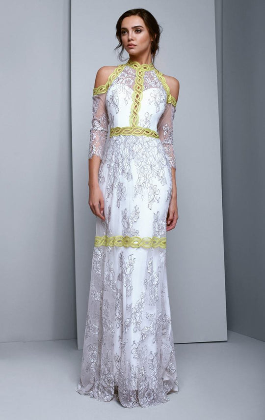Beside Couture by Gemy - BC1342 Lace High Halter Sheath Dress in White and Green