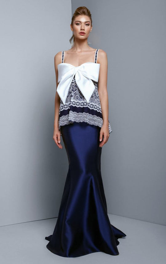 Beside Couture by Gemy - BC1345 Bow Accented Lace Mermaid Dress in Blue