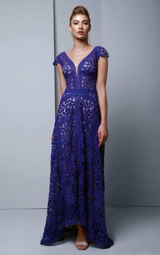 Beside Couture by Gemy - BC1346 Embroidered Lace V-neck A-line Dress in Purple