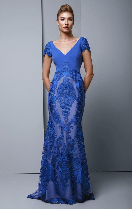 Beside Couture by Gemy - BC1347 Embroidered Lace V-neck Trumpet Dress in Blue