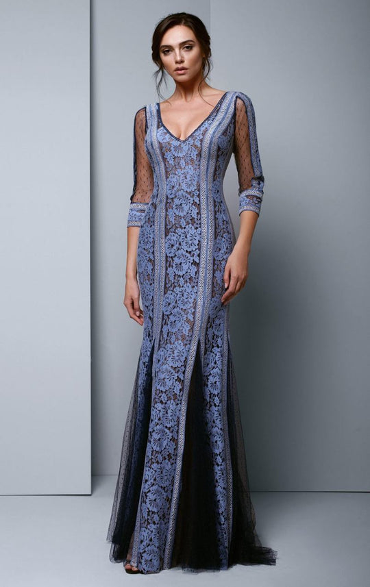 Beside Couture by Gemy - BC1348 Lace V-neck Dotted Tulle Dress in Blue