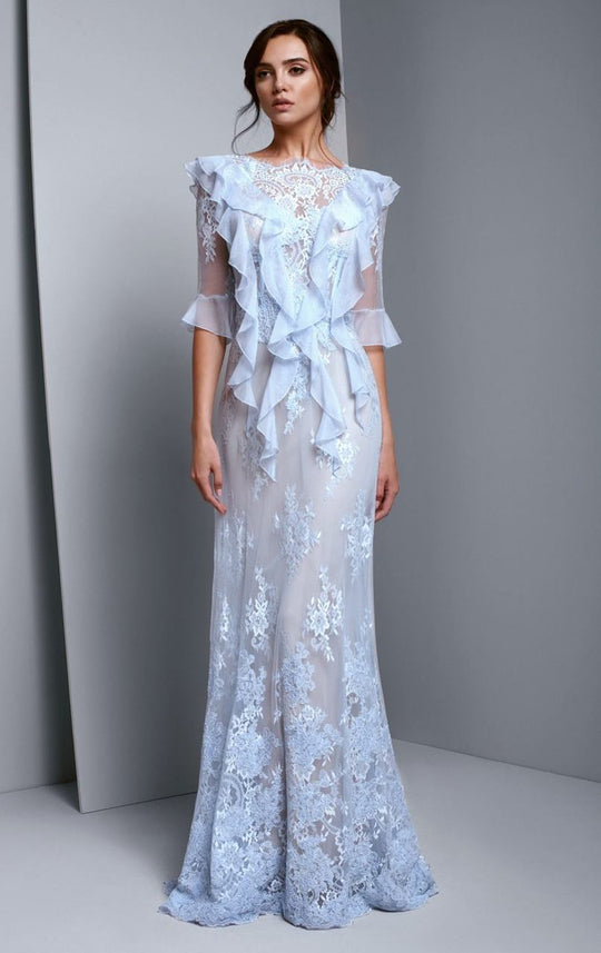 Beside Couture by Gemy - BC1349 Lace and Ruffled Bateau Fitted Dress in Blue