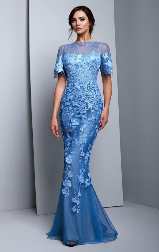 Beside Couture by Gemy - BC1350 Floral Lace Embroidered Mermaid Dress in Blue