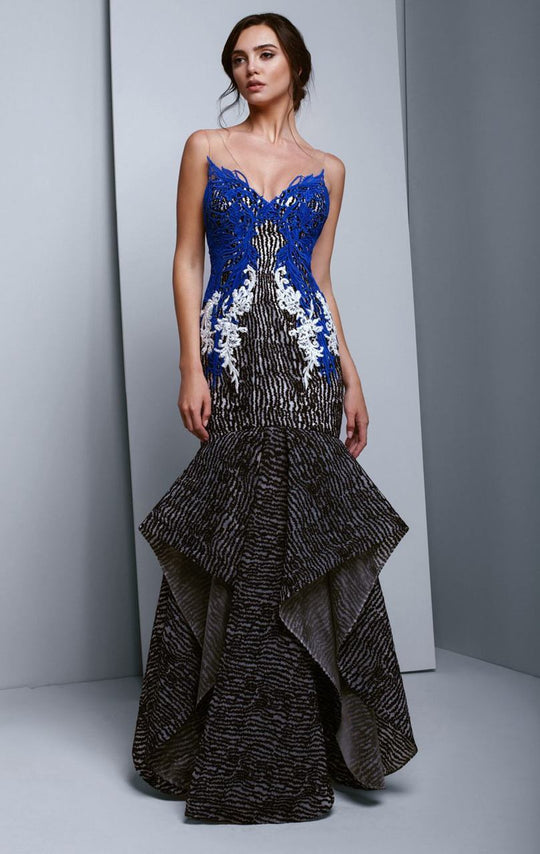 Beside Couture by Gemy - BC1352 Embellished Ruffled Trumpet Dress in Black and Blue