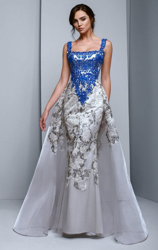 Beside Couture by Gemy - BC1353 Embroidered Sheath Dress With Overlay in Silver and Blue