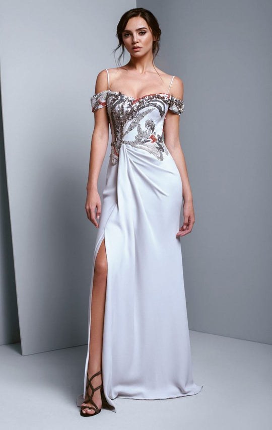 Beside Couture by Gemy - BC1354 Embellished Sheath Dress With Slit in Silver