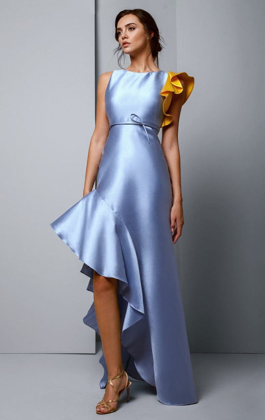 Beside Couture by Gemy - BC1355 Ruffled High Low Sheath Dress in Blue and Yellow