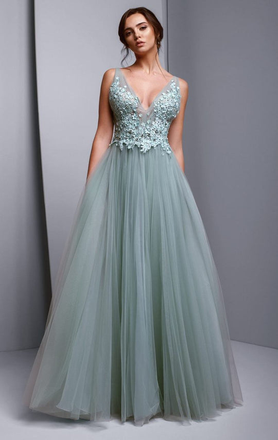 Beside Couture by Gemy - BC1356 Floral Applique V-neck Ballgown in Green