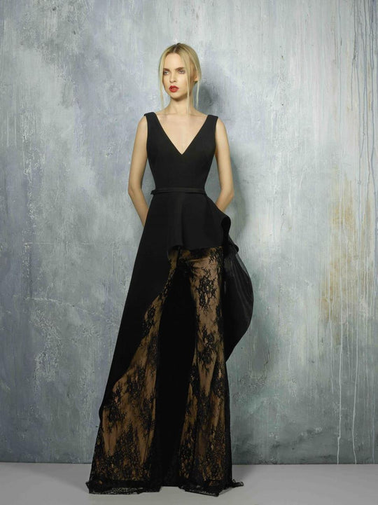 Beside Couture By Gemy - BC1281 T + P V Neck Crepe Top With Lace Pants In Black