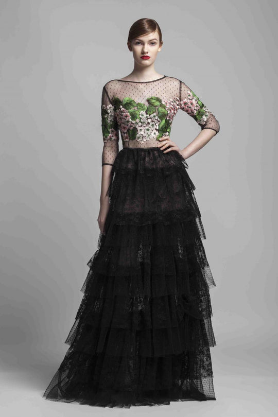 Beside Couture by Gemy - BC1364 Floral Embroidered Sheer Tiered Gown In Black and Floral