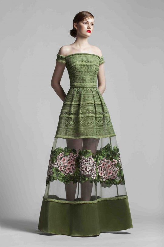 Beside Couture by Gemy - BC1365 Off Shoulder Floral Embroidered Gown In Green and Floral