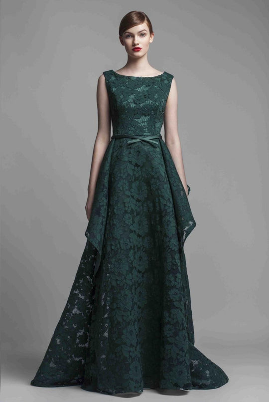 Beside Couture by Gemy - BC1367 Floral Motif Drape Peplum Evening Gown In Green and Floral