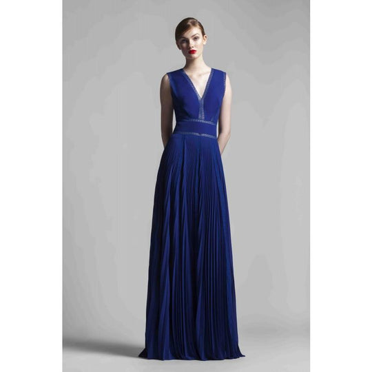 Beside Couture by Gemy - BC1375 Sheer Lace Trimmed V-Neck Long Gown In Blue