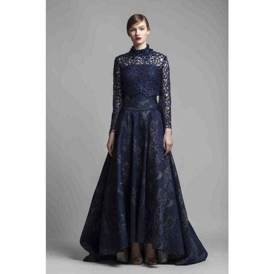 Beside Couture by Gemy - BC1379 Illusion Appliqued High Neck Lace Gown In Blue