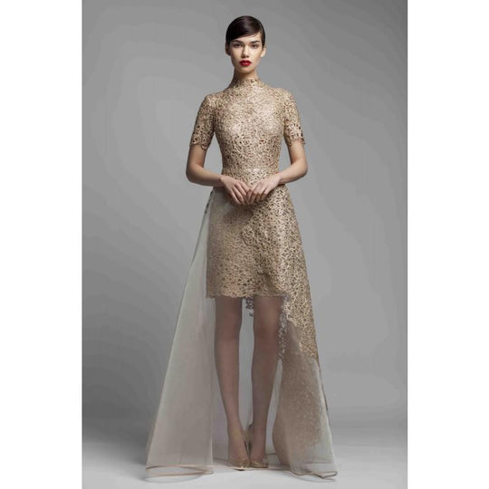 Beside Couture by Gemy - BC1381 Short Sleeve High Neck Illusion Gown In Gold