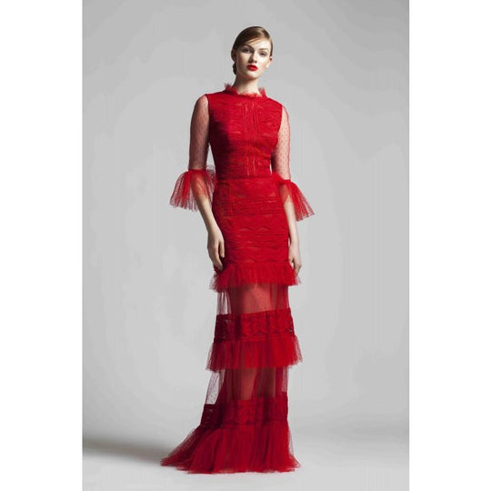 Beside Couture by Gemy - BC1396 Quarter Length Sleeve Lace Sheath Gown In Red