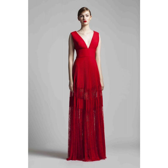 Beside Couture by Gemy - BC1397 V-neck Pleated Lace A-line Dress In Red