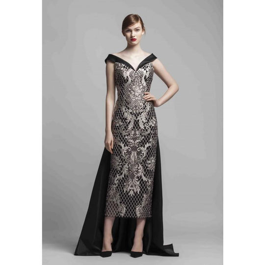 Beside Couture by Gemy - BC1399 Embroidered V-neck Dress With Train in Black