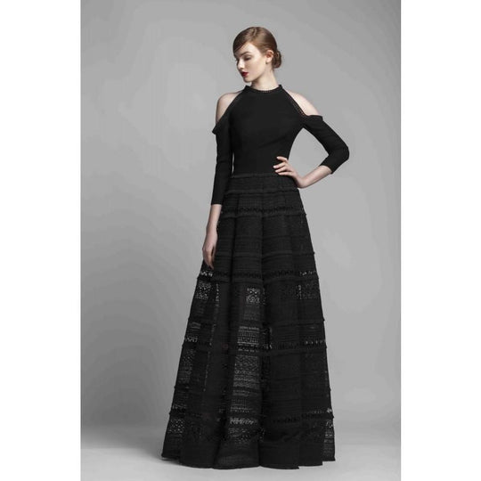 Beside Couture by Gemy - BC1414 Quarter length Sleeve Embroidered Gown in Black