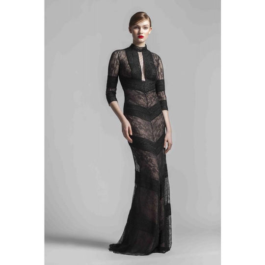 Beside Couture by Gemy - BC1416 Lace With Dotted Tulle Trumpet Dress in Black