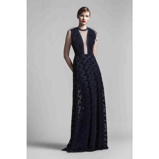 Beside Couture by Gemy - BC1419 Velvet and Dotted Tulle A-line Dress in Blue