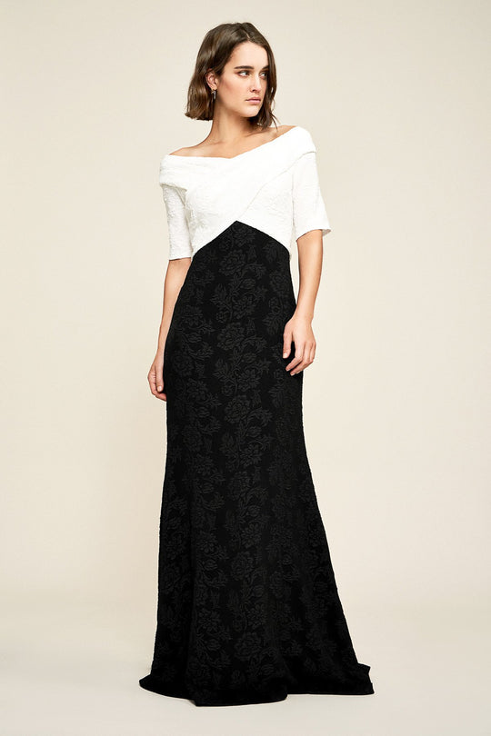 Tadashi Shoji - Off-Shoulder Textured Evening Dress In White and Black