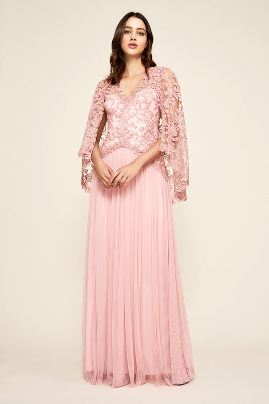 Tadashi Shoji - Embroidered V-neck Tulle A-line Dress In Pink