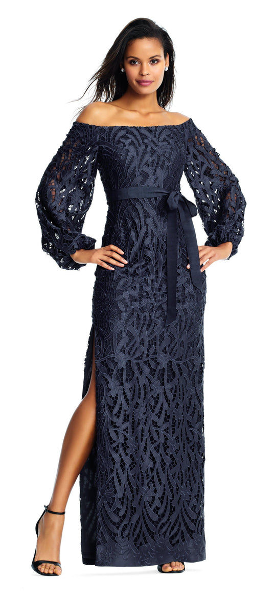 Aidan Mattox - MD1E202425 Off-Shoulder Lace Sheath Dress In Blue