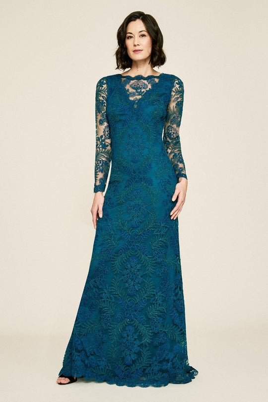 Tadashi Shoji - Lace Long Sleeve Sheath Dress In Blue and Green