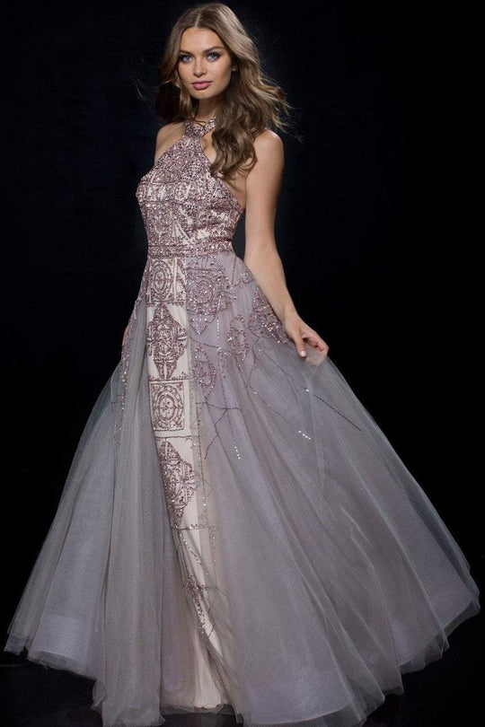 50822 High Halter Vintage Beaded Overskirt Gown