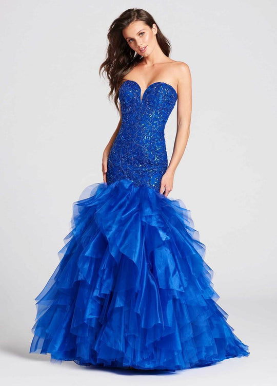 Ellie Wilde - EW118016 Strapless Sweetheart Tiered Ruffle Trumpet Gown In Blue