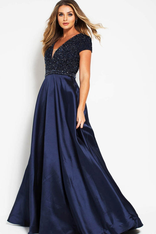 51546 Short Sleeve Deep Cutout Back Beaded Gown