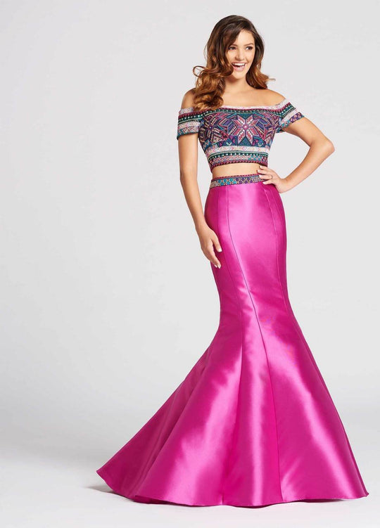 Ellie Wilde - EW118038 Embroidered Off Shoulder Two-Piece Gown In Pink and Multi-Color