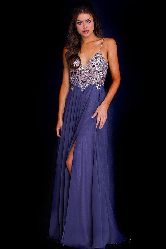 JVN59128 Embellished Deep V-neck A-line Dress