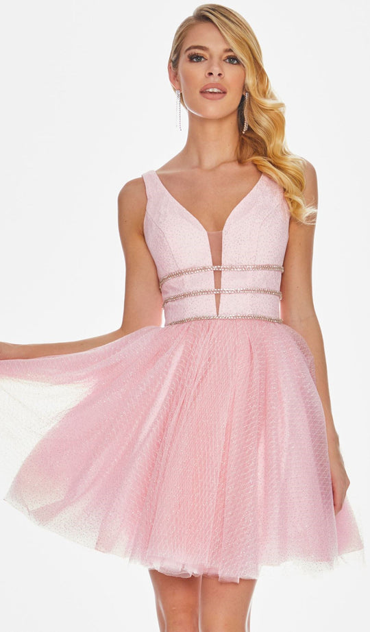 Ashley Lauren - 4180 Deep V-neck Glitter Tulle A-line Dress In Pink