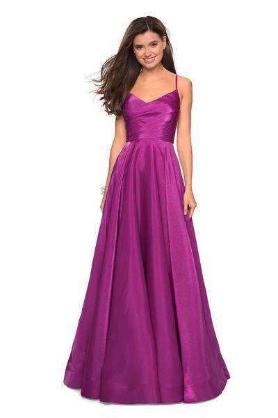 La Femme - 27226 Pleated V-neck Satin A-line Dress In Pink