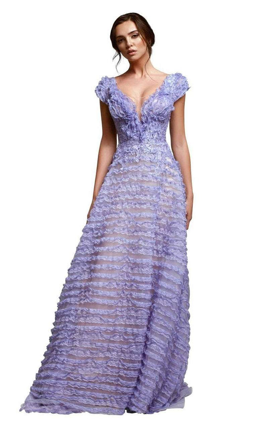 Beside Couture by Gemy - BC1304 Ruffle Lace Embellished A-Line Gown in Purple