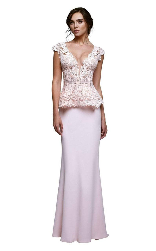 Beside Couture by Gemy - BC1305 Guipure Lace Peplum Sheath Gown in Pink