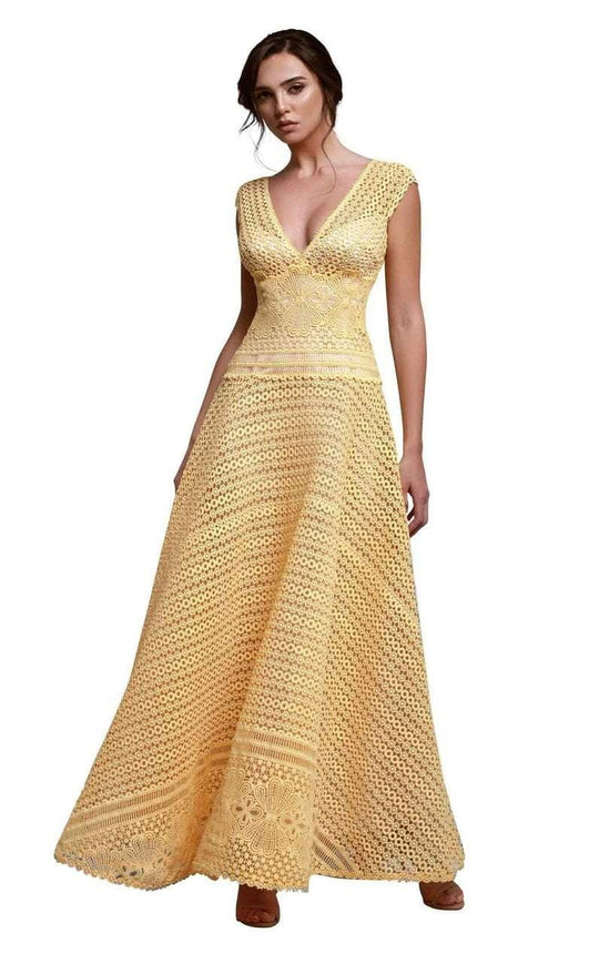Beside Couture by Gemy - BC1312 Lace Cap Sleeve V-neck A-line Dress in Yellow