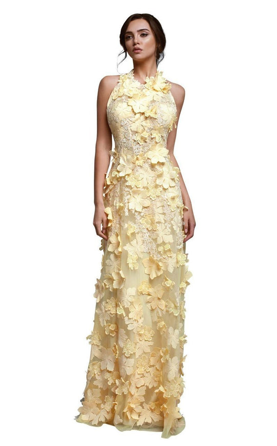 Beside Couture by Gemy - BC1313 Floral Applique Halter Sheath Dress in Yellow